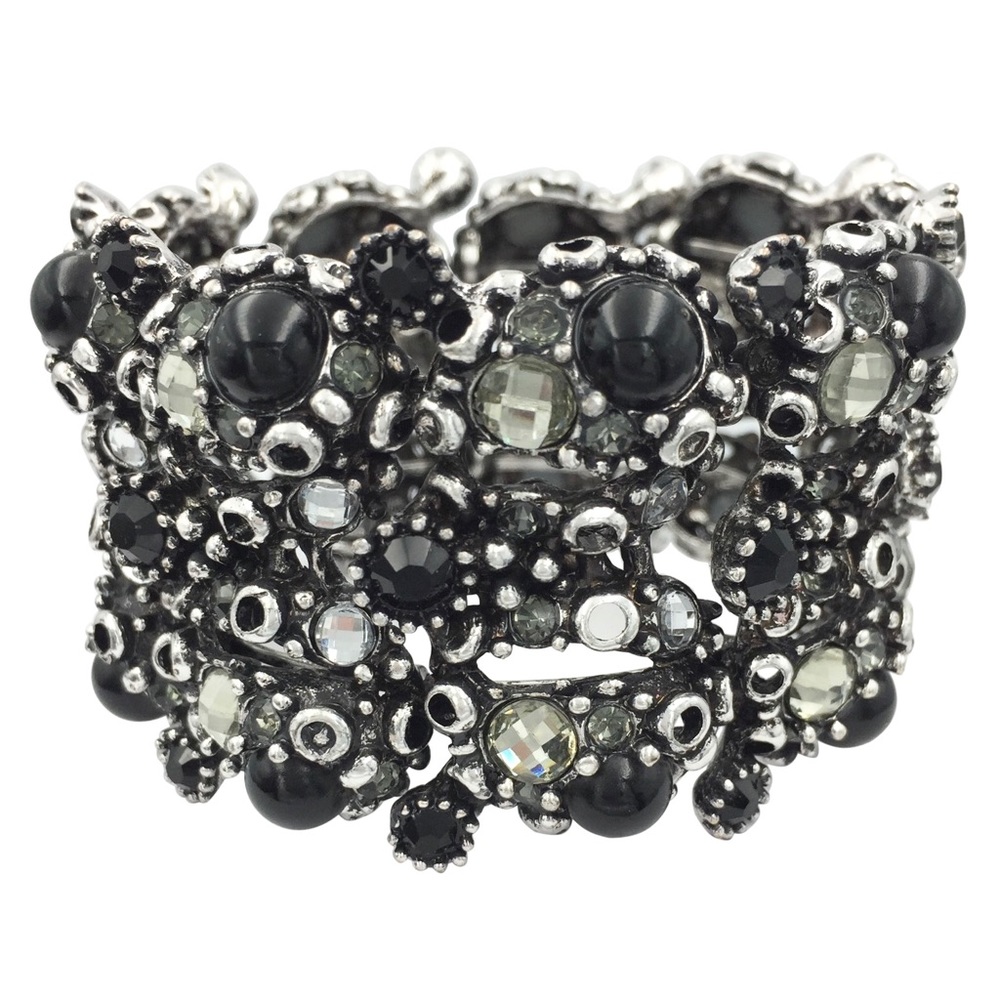 Wide Rhinestone Black Clear Dot Rhinestone Chunky Statement Silver Cuff Bracelet